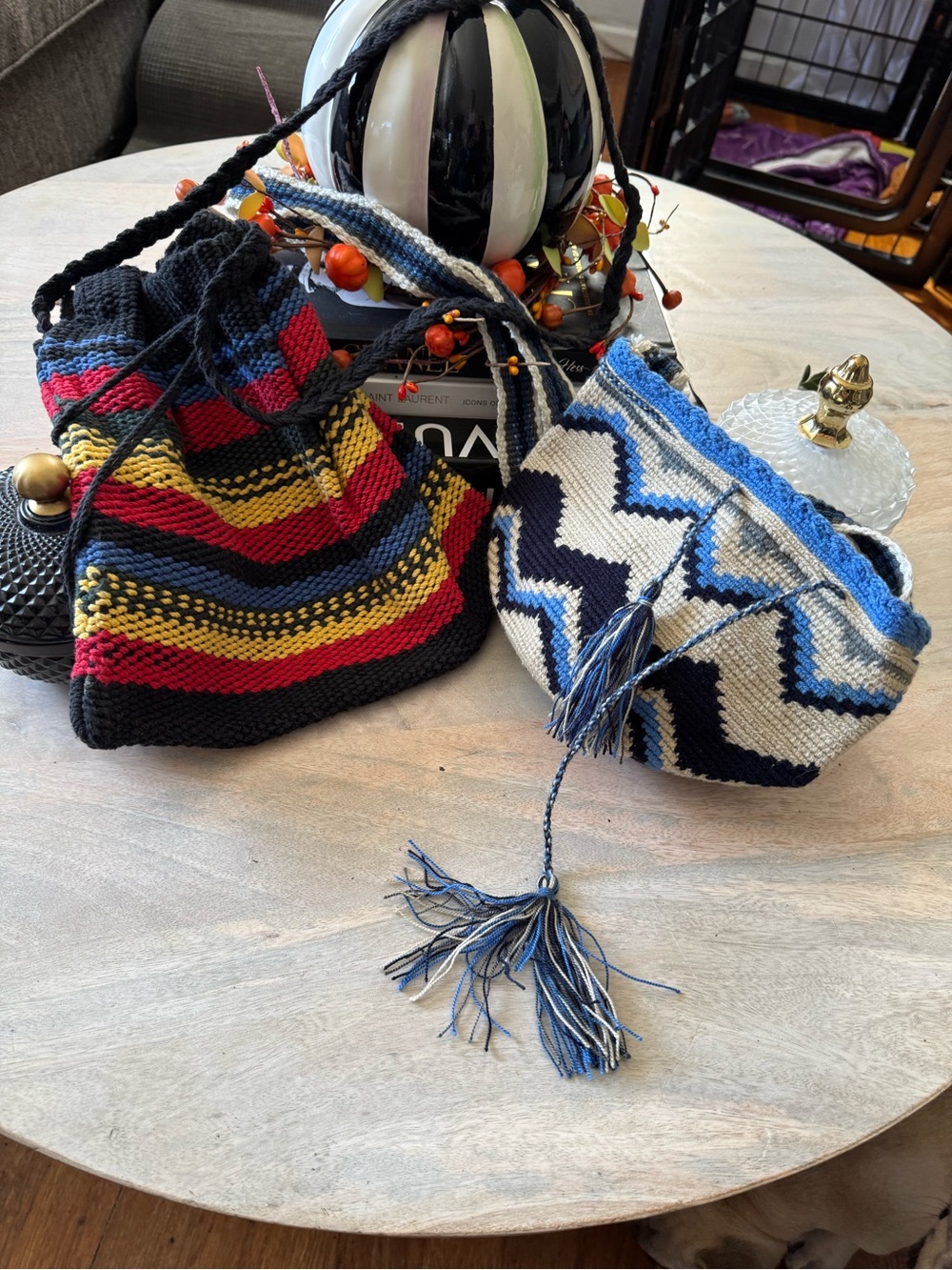 Handwoven Stripe and Chevron Drawstring Crossbody Bag - Blue/White & Multicolor